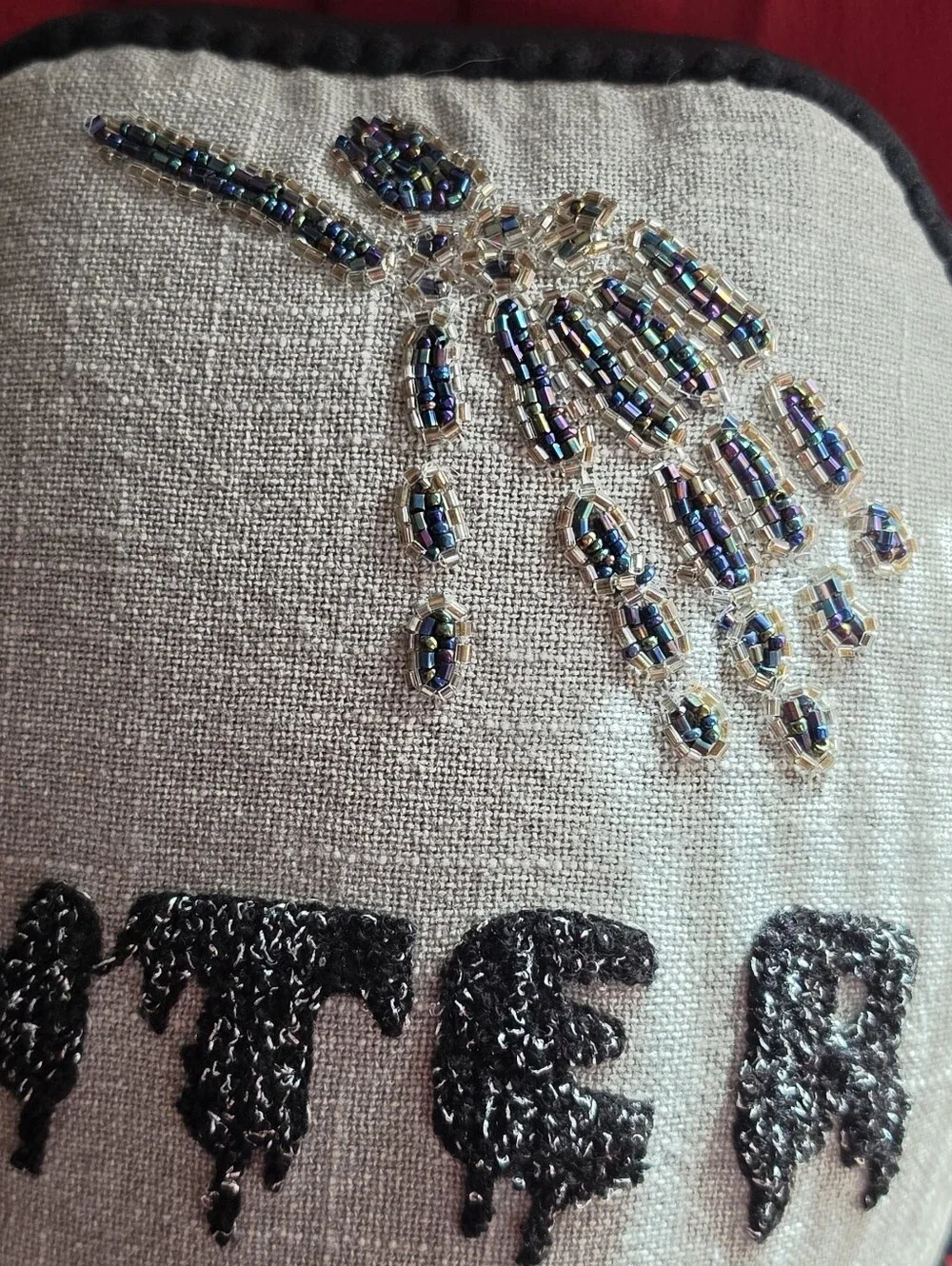 Beaded Coffin Pillow, Black & Grey  'Enter If You Dare' Halloween Pillow Decor